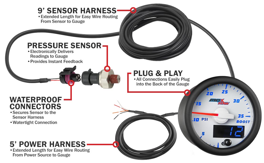 MaxTow White & Blue Double Vision Boost Gauges