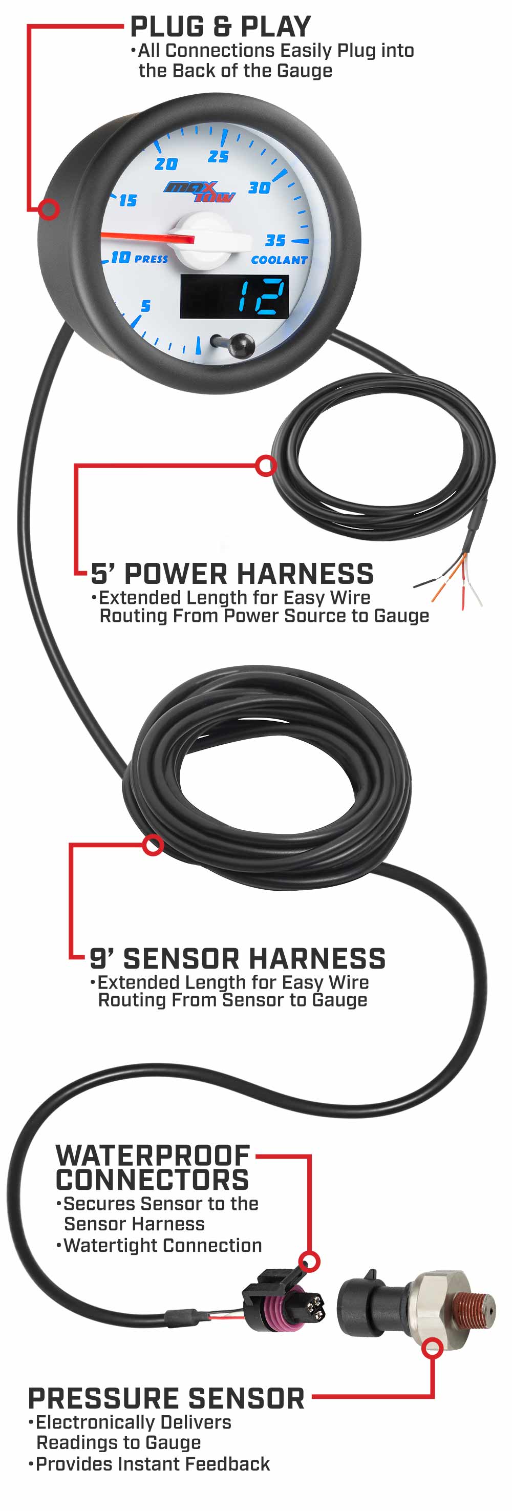 MaxTow White & Blue Double Vision Coolant Pressure Gauges