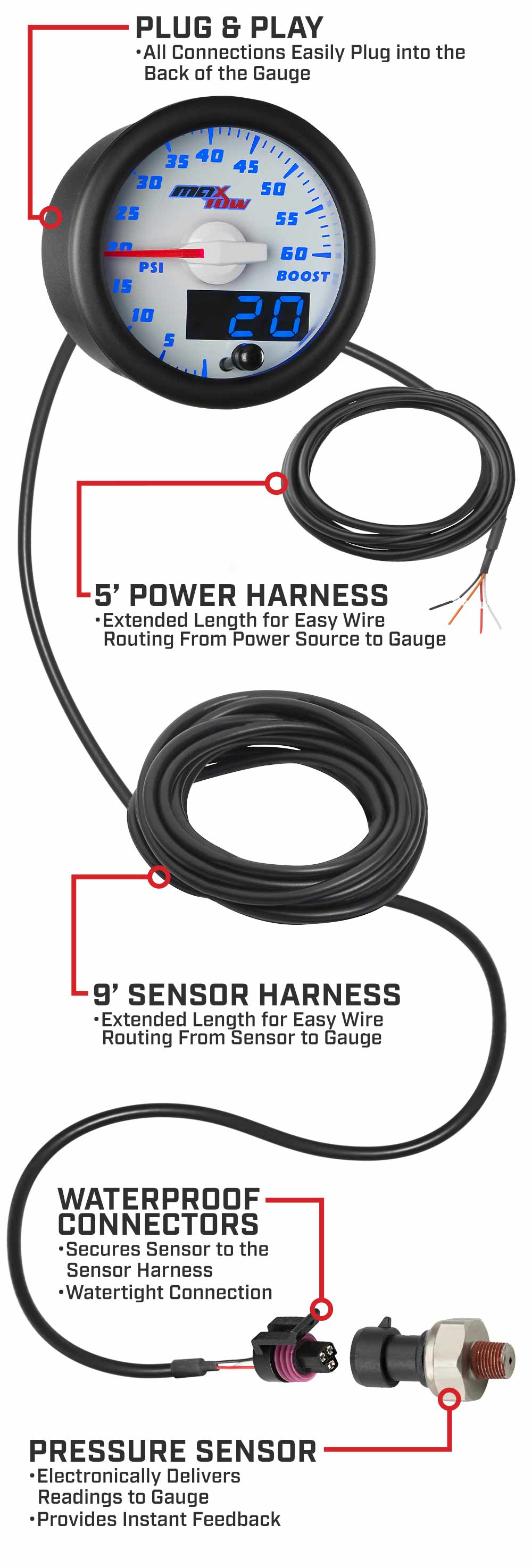 MaxTow White & Blue Double Vision Boost Gauges