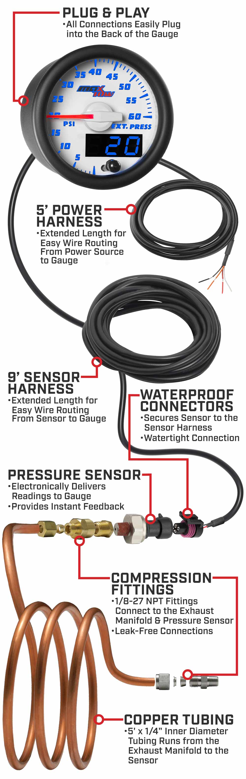 MaxTow White & Blue Double Vision Exhaust Pressure Gauges
