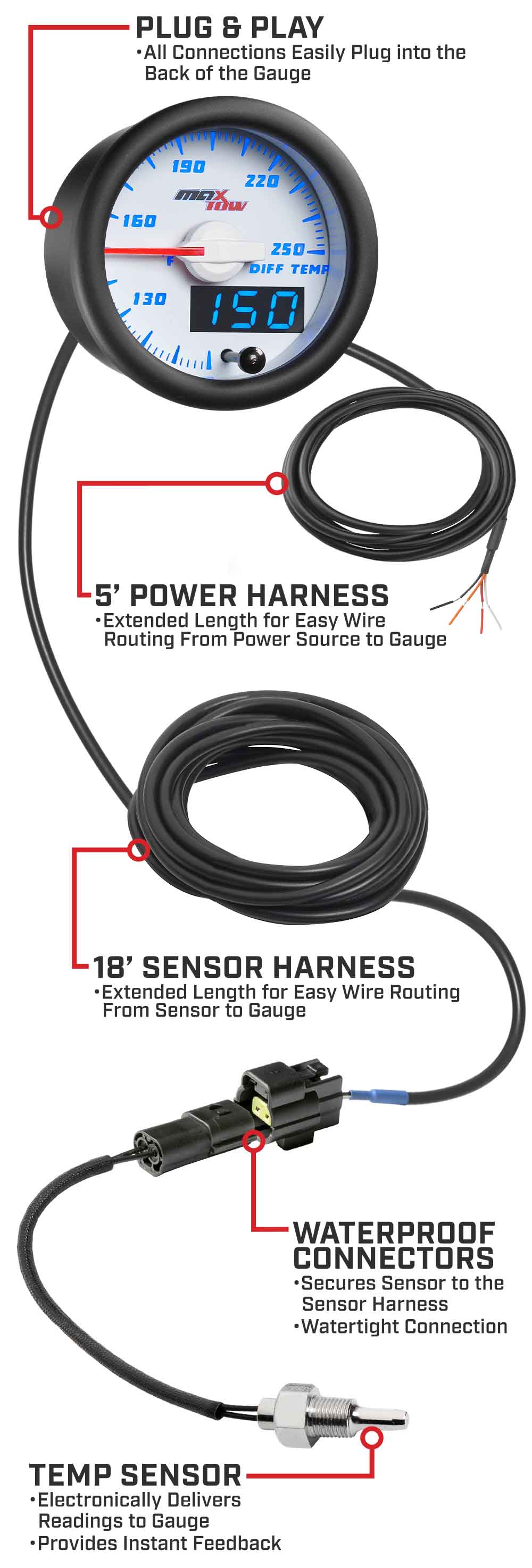 MaxTow White & Blue Double Vision Diff Temperature Gauges
