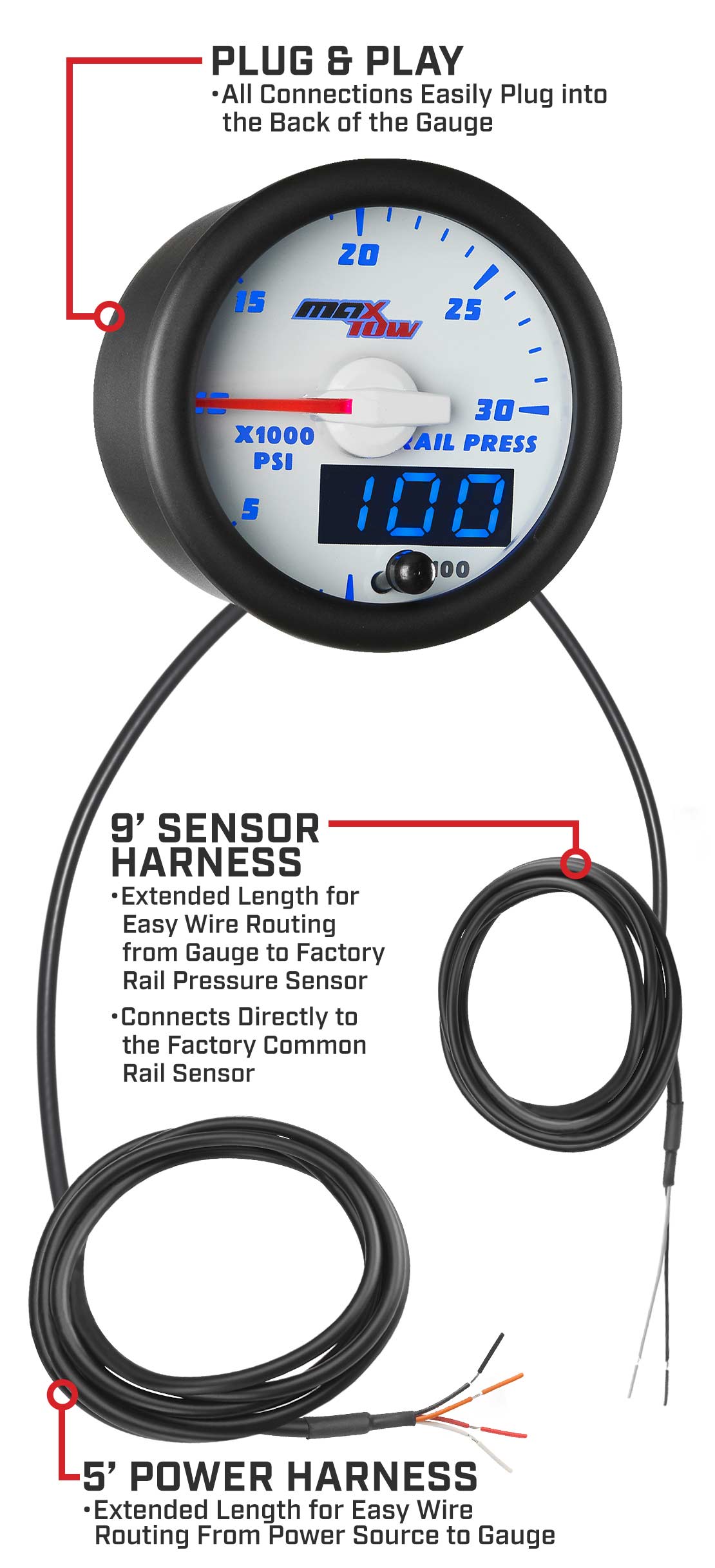 MaxTow White & Blue Double Vision Fuel Rail Pressure Gauges