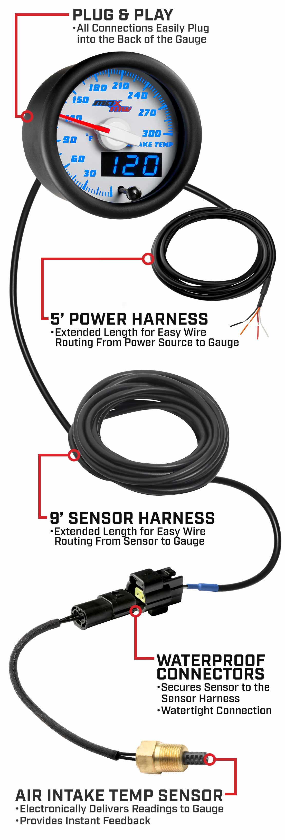 MaxTow White & Blue Double Vision Intake Temperature Gauges