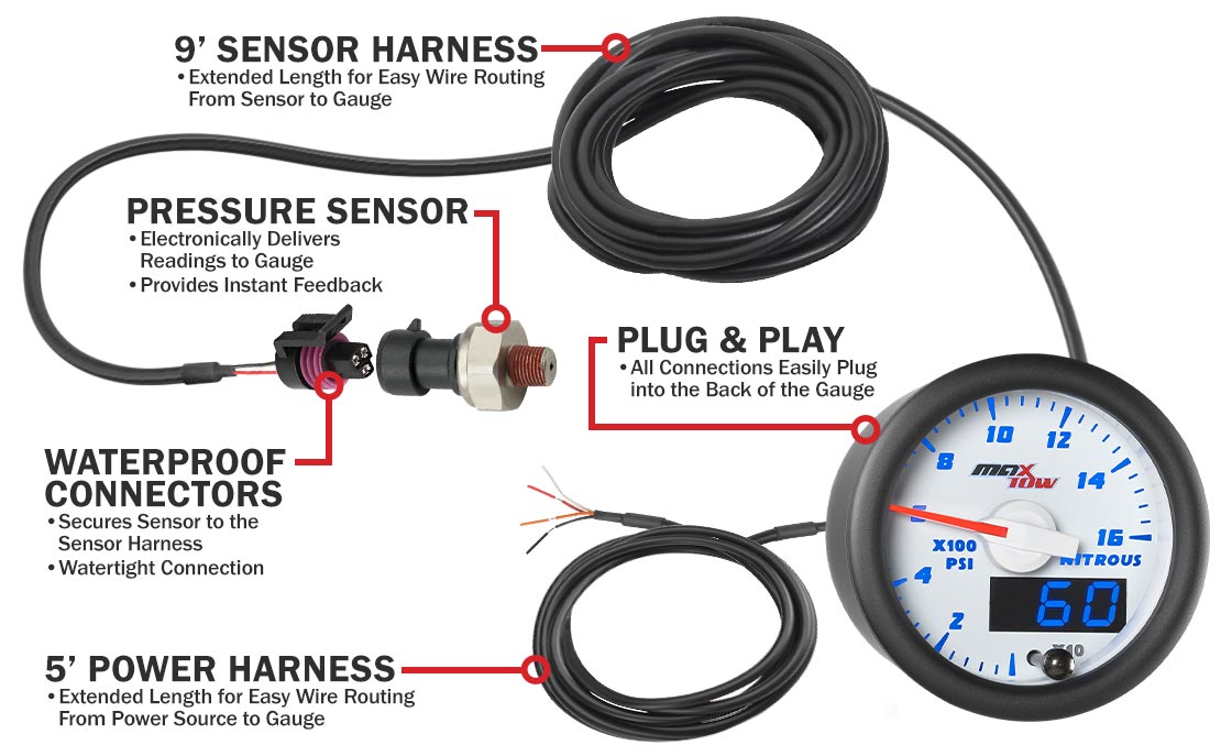 MaxTow White & Blue Double Vision Nitrous Pressure Gauges