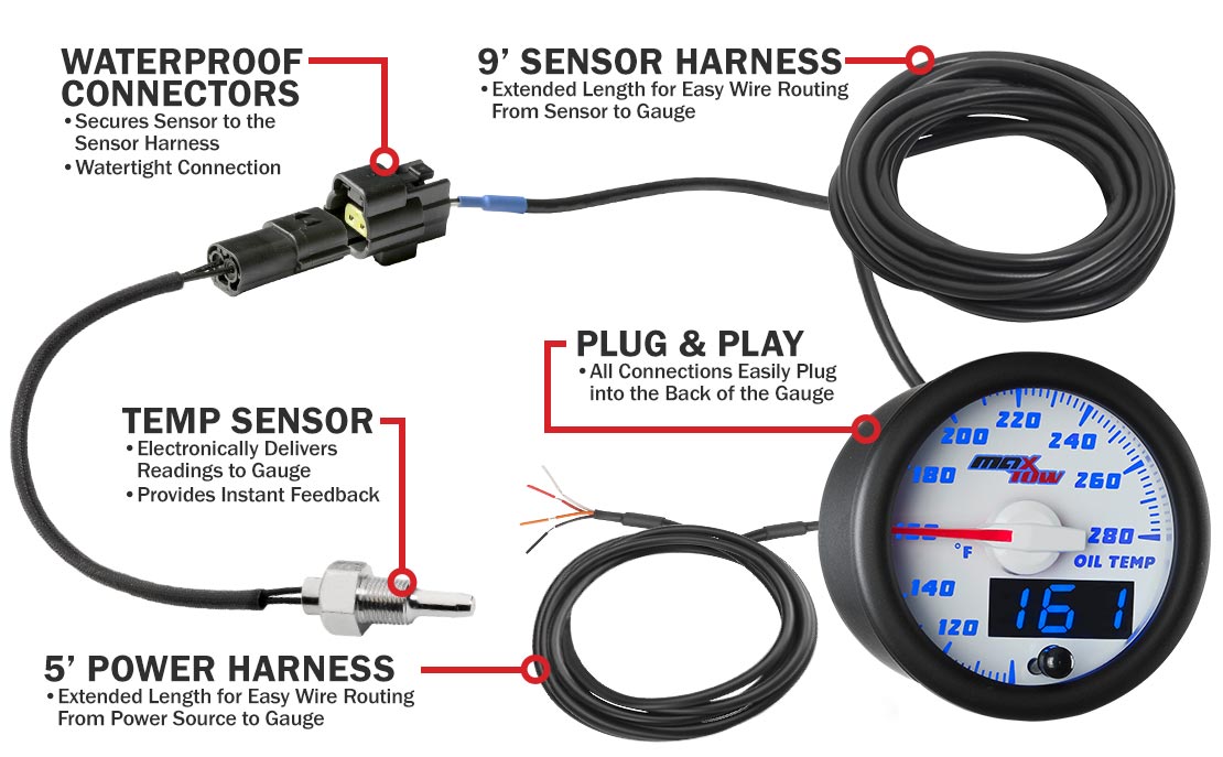 MaxTow White & Blue Double Vision Oil Temperature Gauges