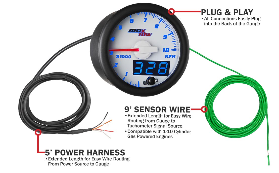 MaxTow White & Blue Double Vision Tachometer Gauges