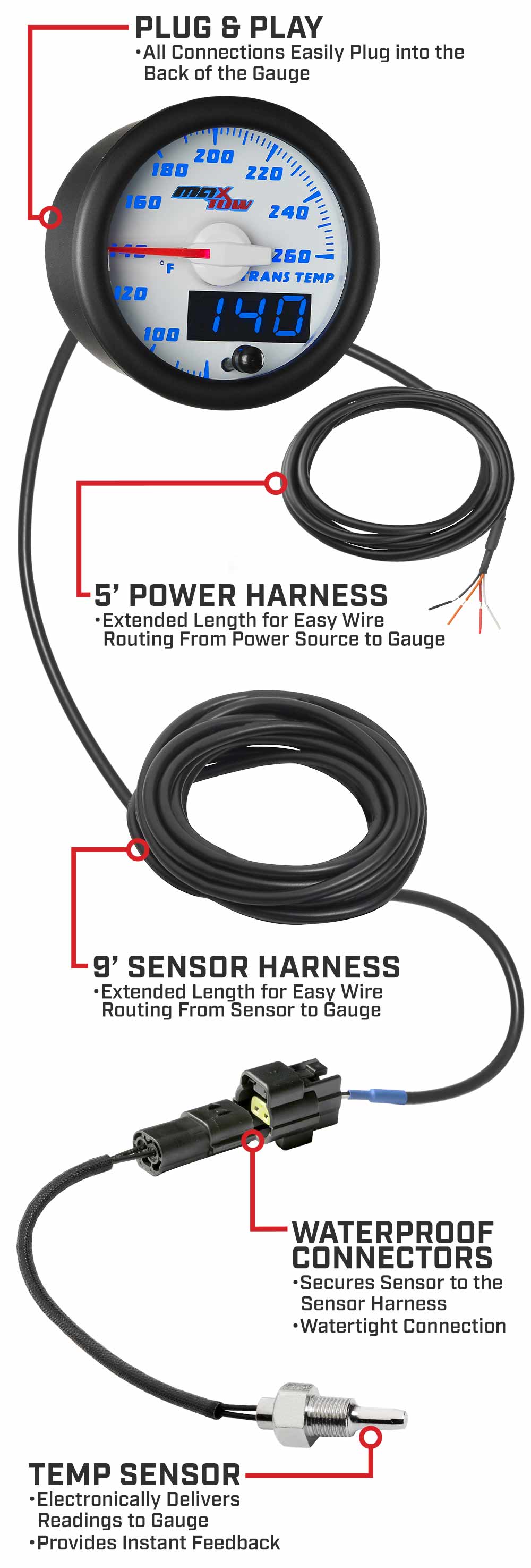 MaxTow White & Blue Double Vision Transmission Temperature Gauges
