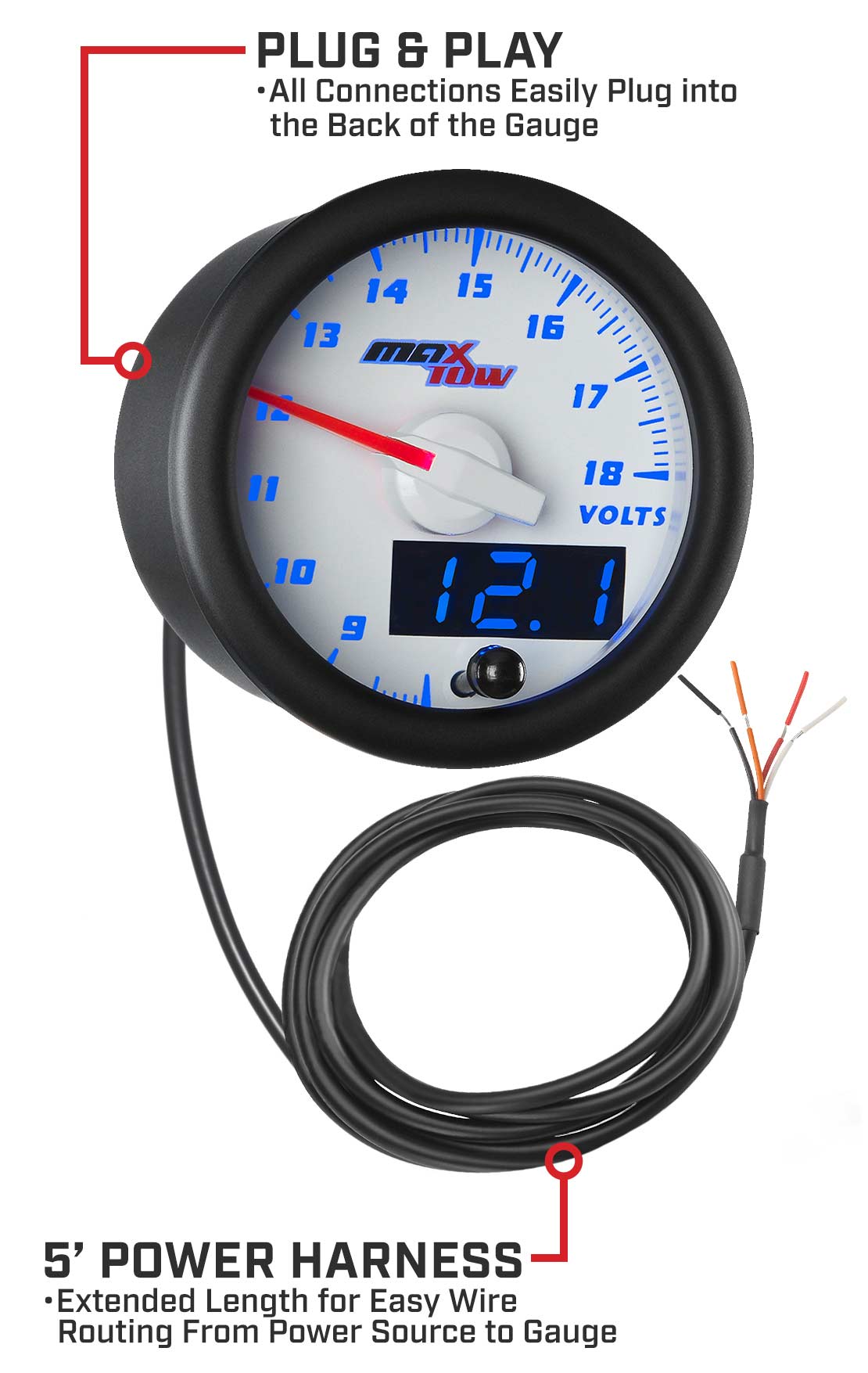 MaxTow White & Blue Double Vision Volt Gauges