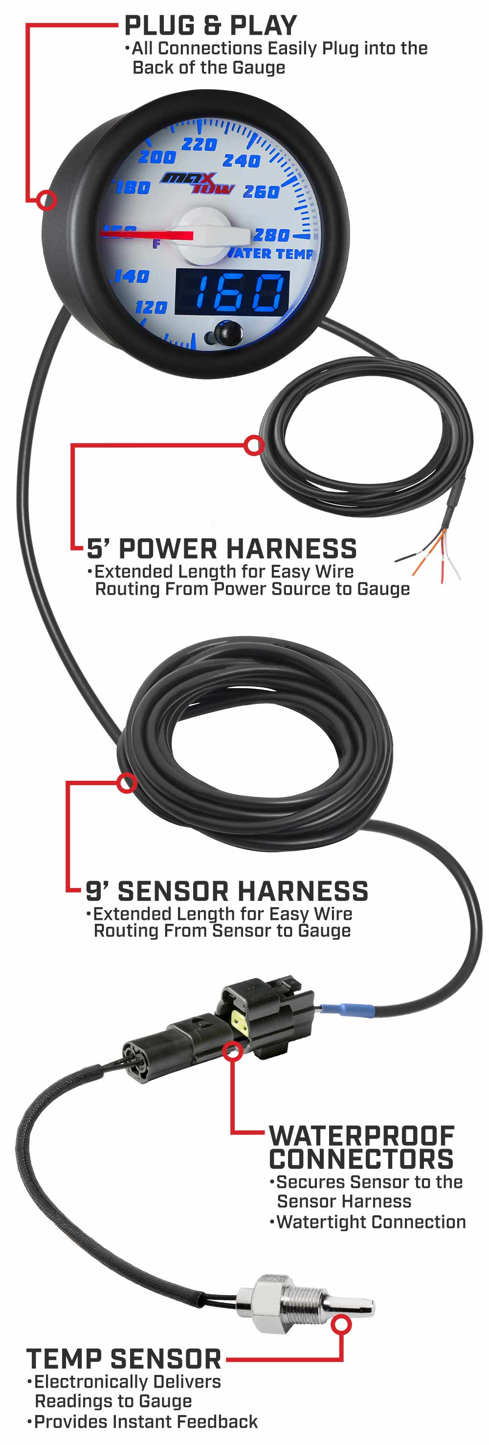 MaxTow White & Blue Double Vision Water Temperature Gauges