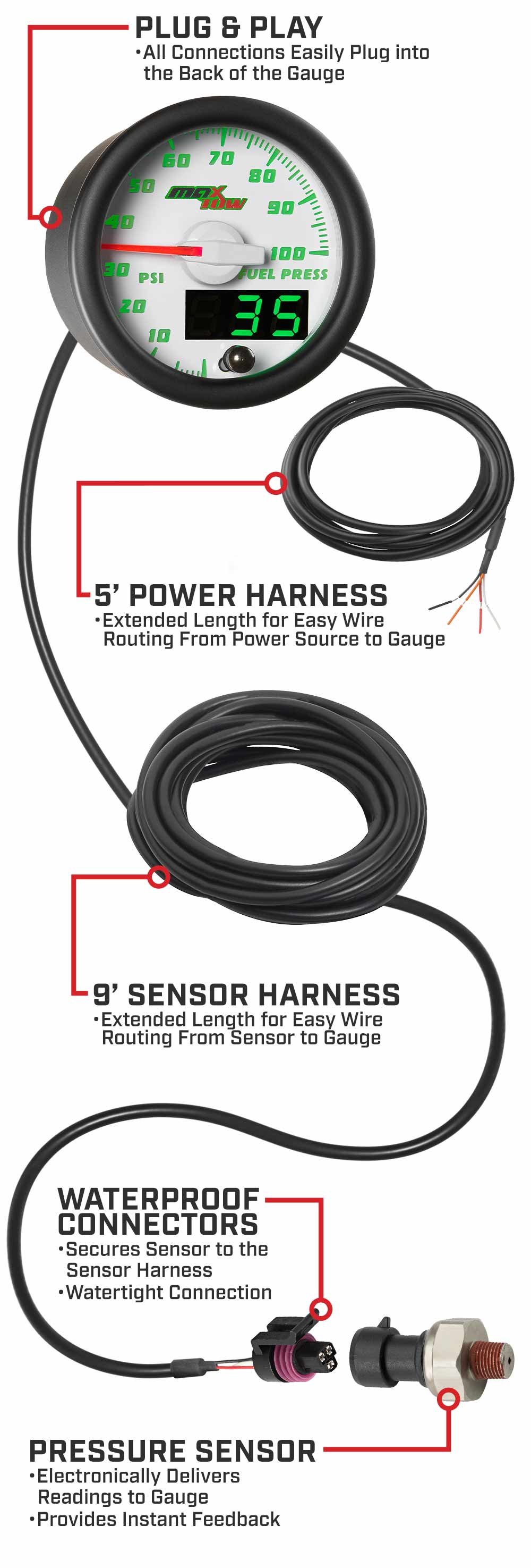 MaxTow White & Green Double Vision Fuel Pressure Gauges