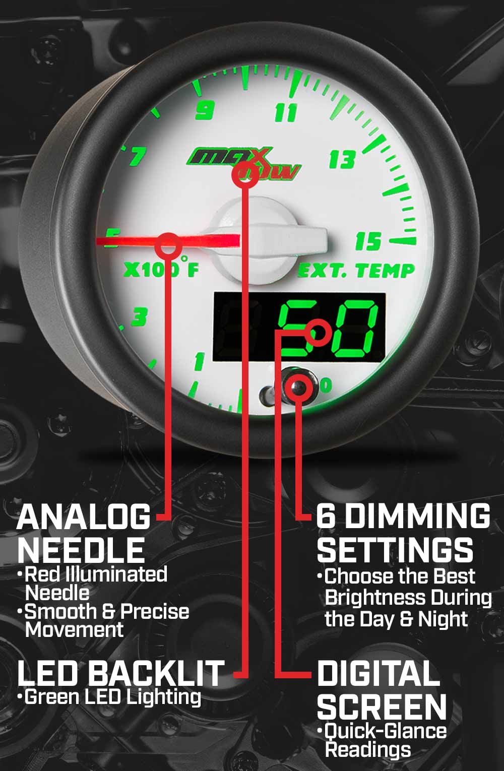 MaxTow White & Green Double Vision Gauges