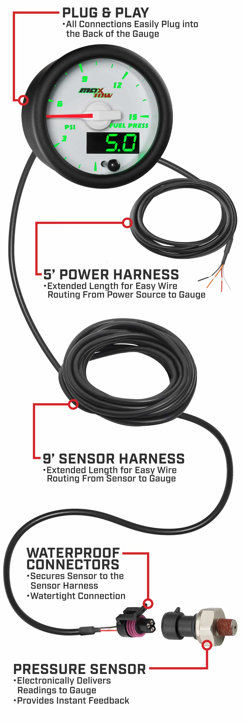 MaxTow White & Green Double Vision Fuel Pressure Gauges