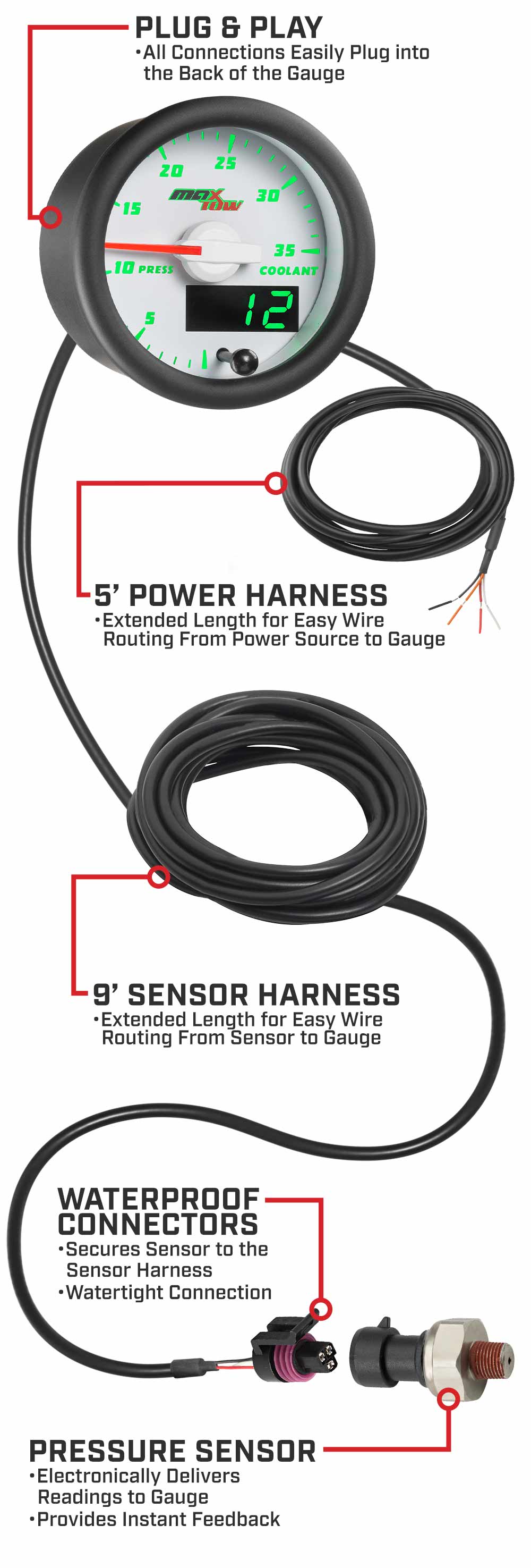 MaxTow White & Green Double Vision Coolant Pressure Gauges