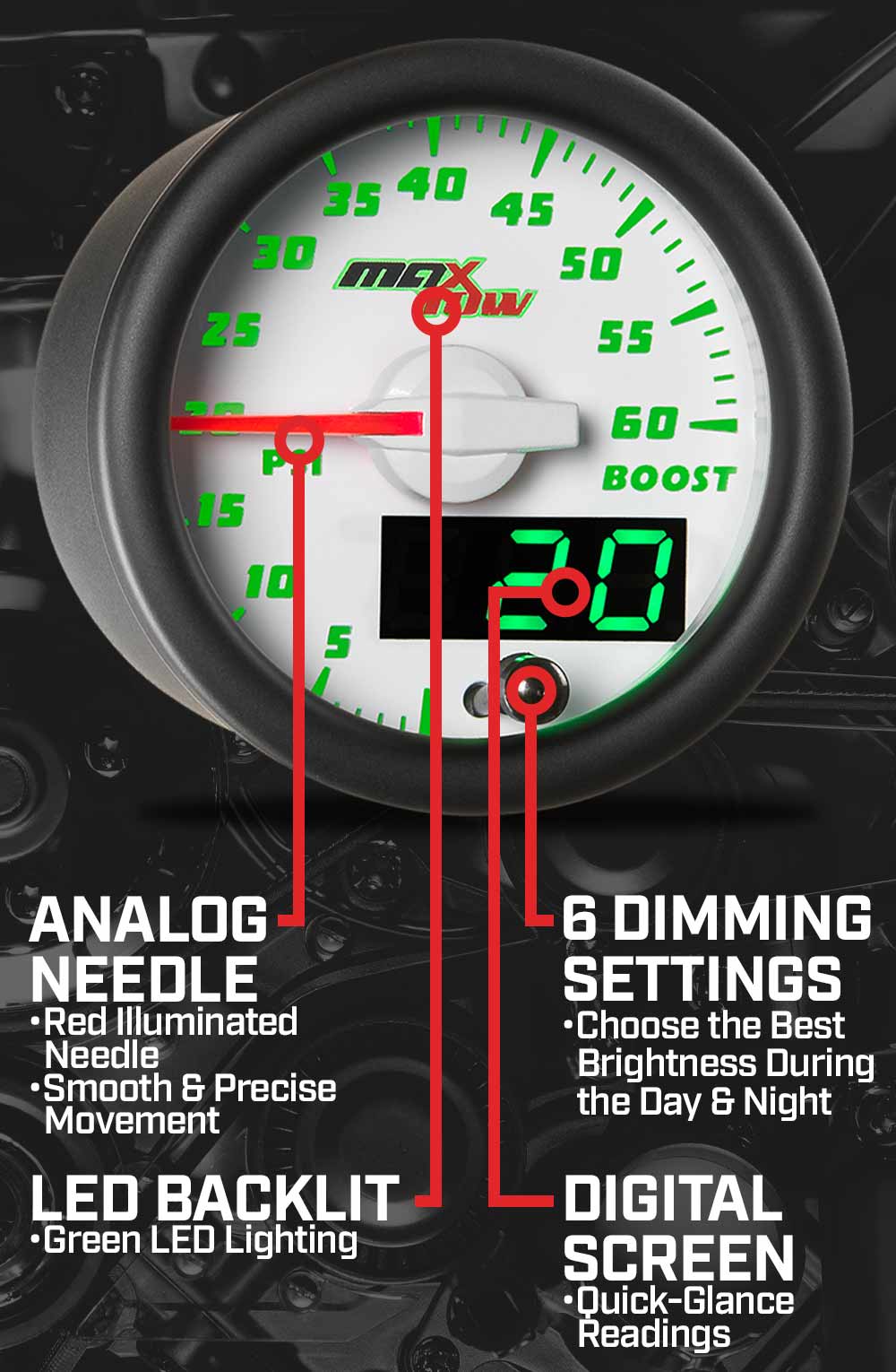 MaxTow White & Green Double Vision Gauges