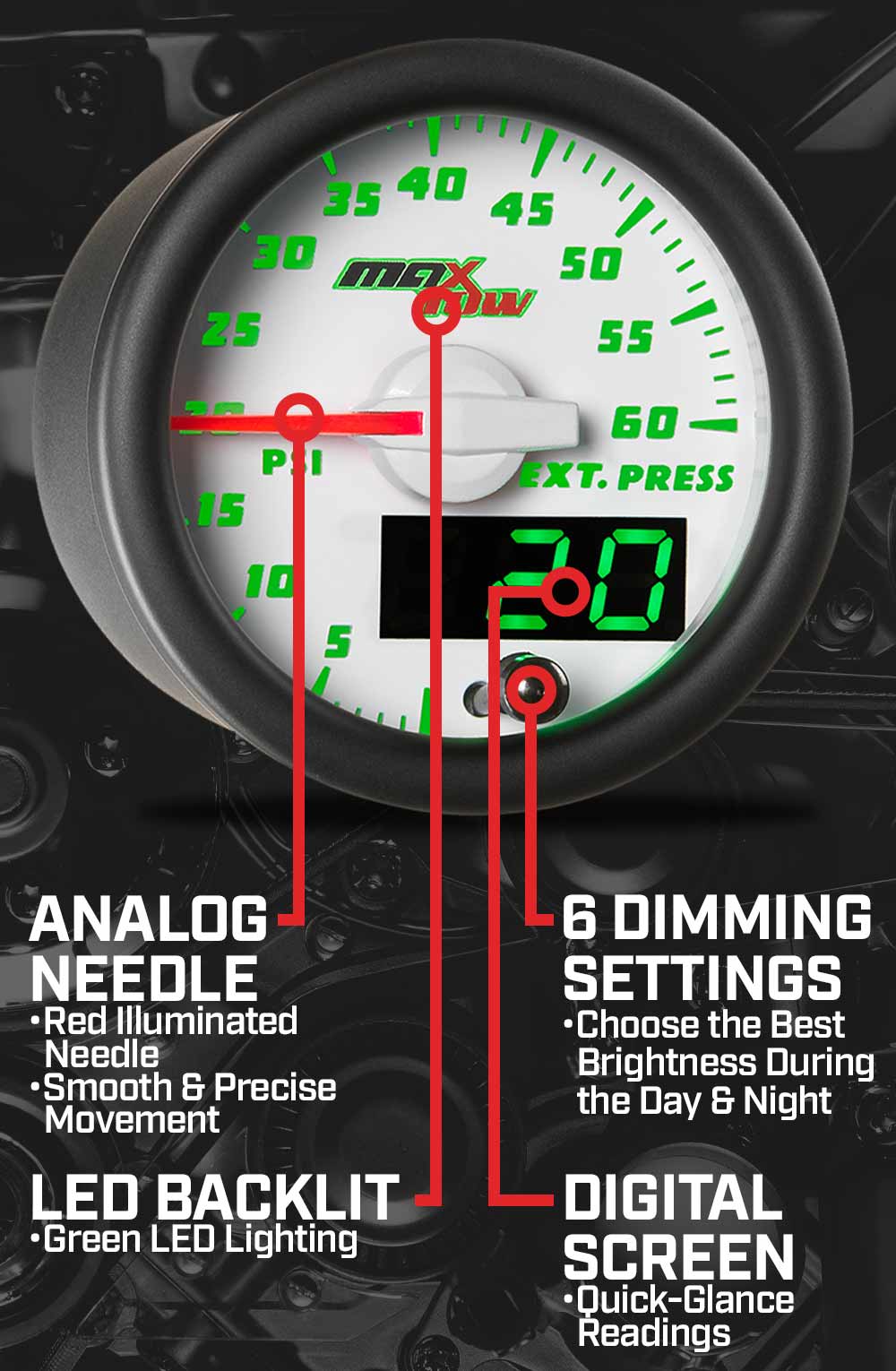 MaxTow White & Green Double Vision Gauges