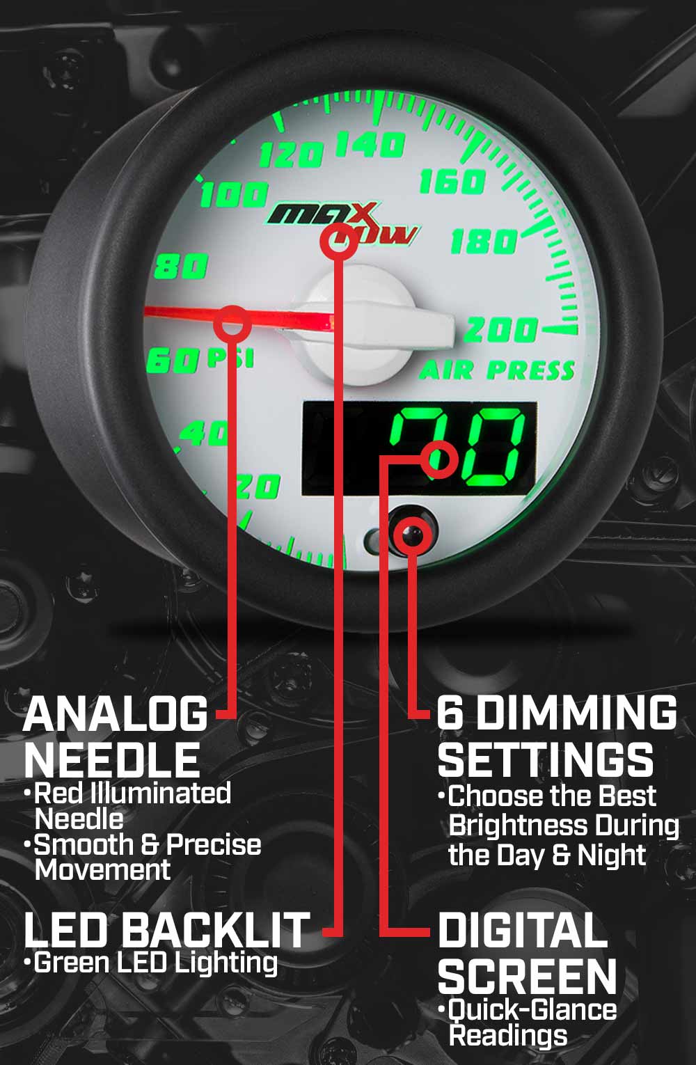 MaxTow White & Green Double Vision Gauges