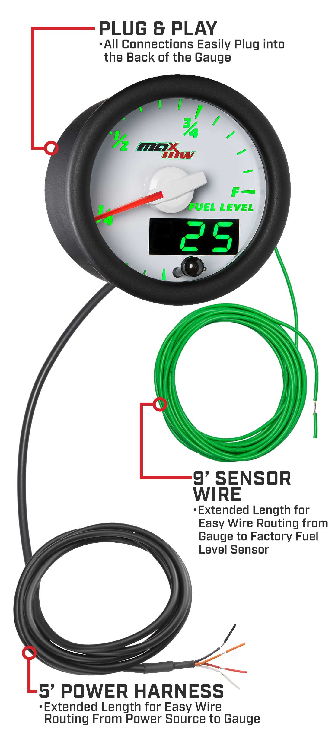 MaxTow White & Green Double Vision Fuel Level Gauges