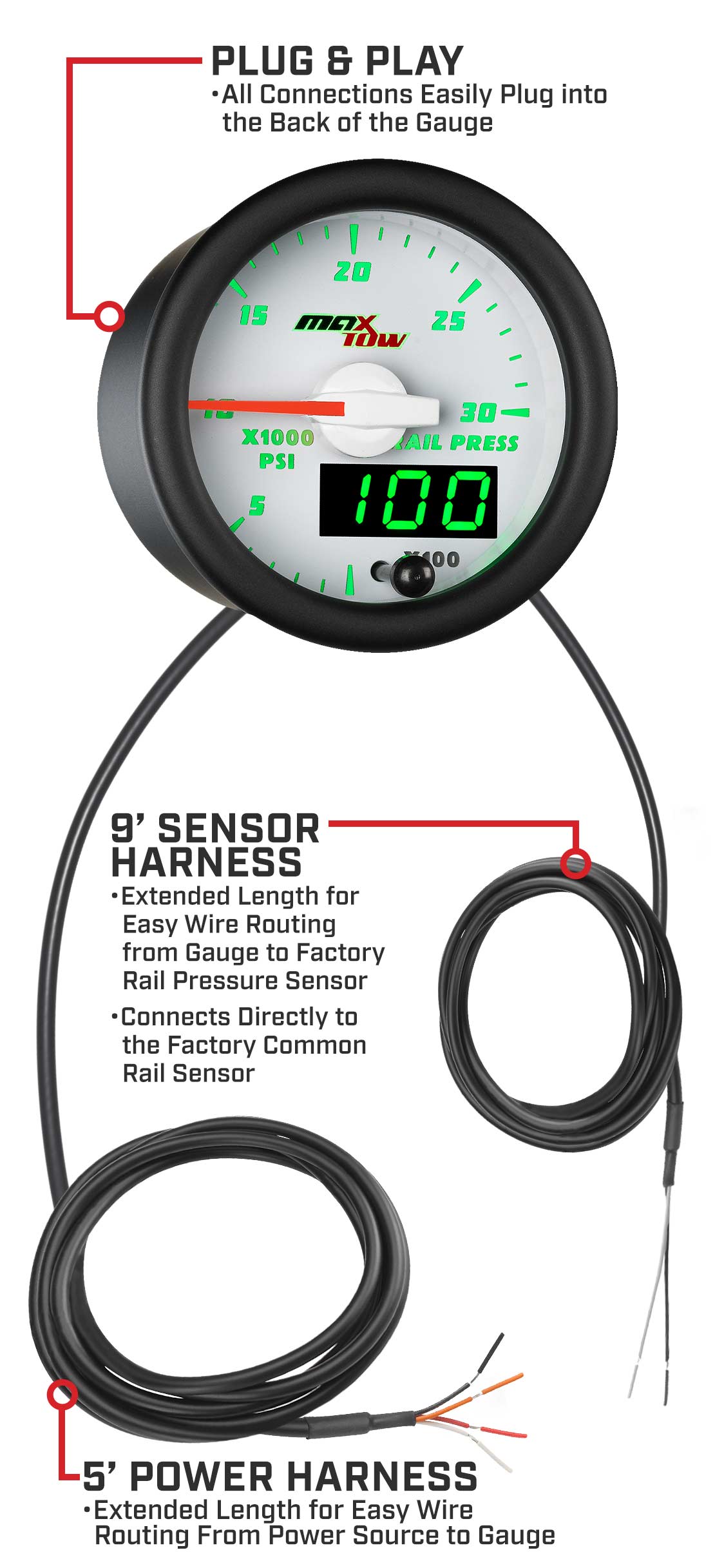 MaxTow White & Green Double Vision Fuel Rail Pressure Gauges