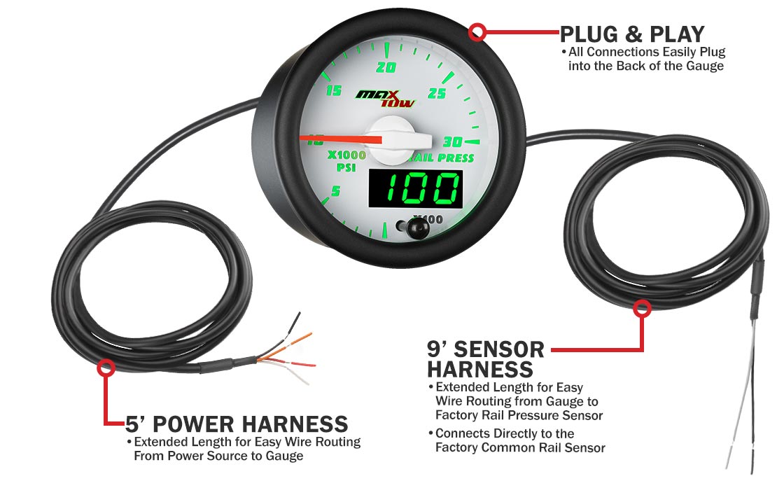 MaxTow White & Green Double Vision Fuel Rail Pressure Gauges