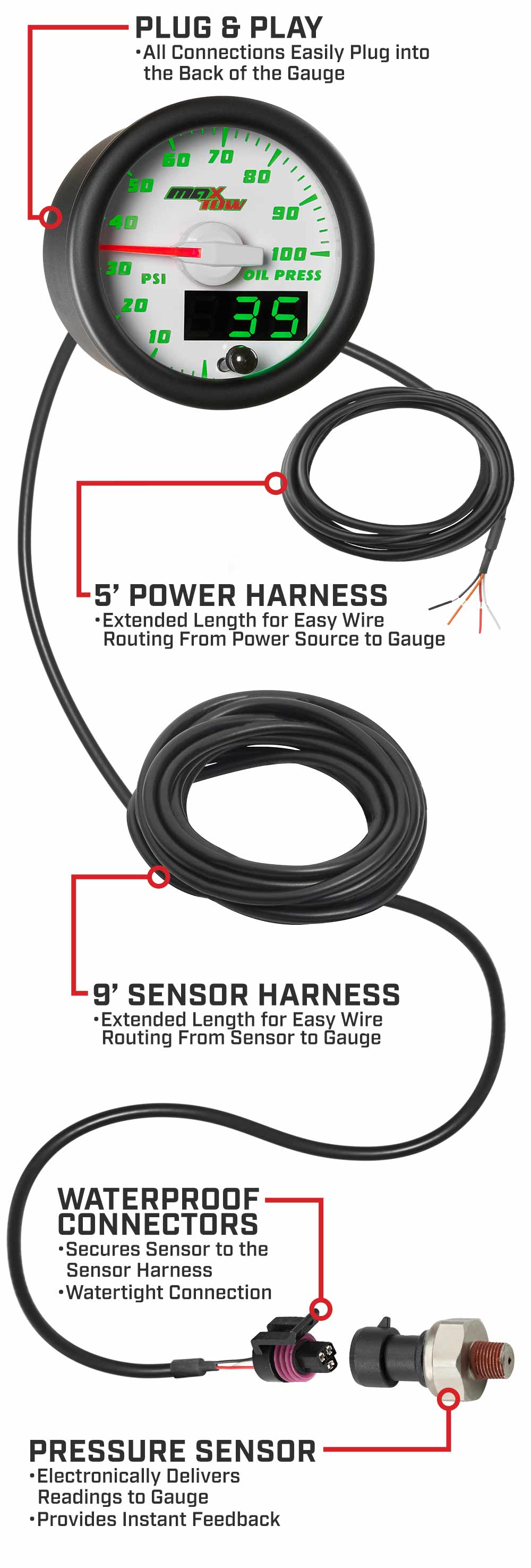 MaxTow White & Green Double Vision Oil Pressure Gauges