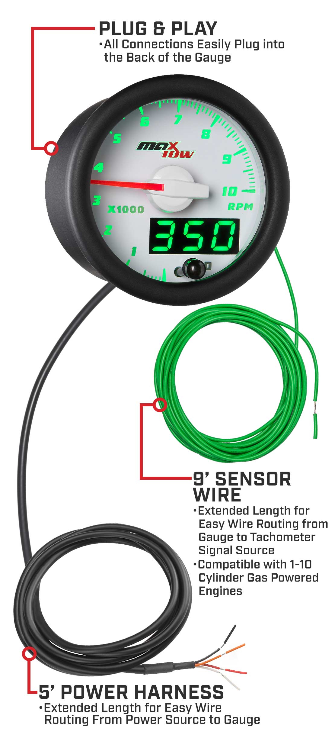 MaxTow White & Green Double Vision Tachometer Gauges