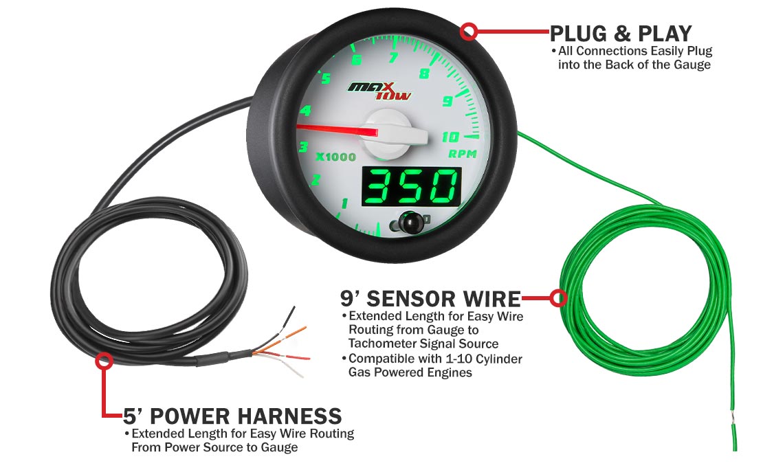 MaxTow White & Green Double Vision Tachometer Gauges