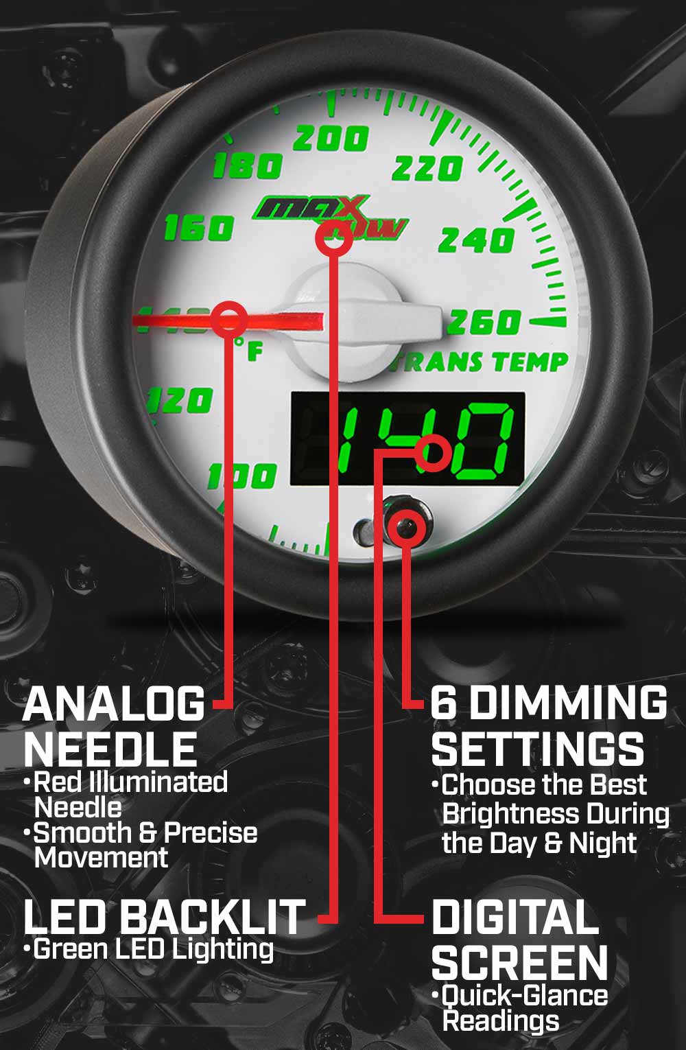 MaxTow White & Green Double Vision Gauges