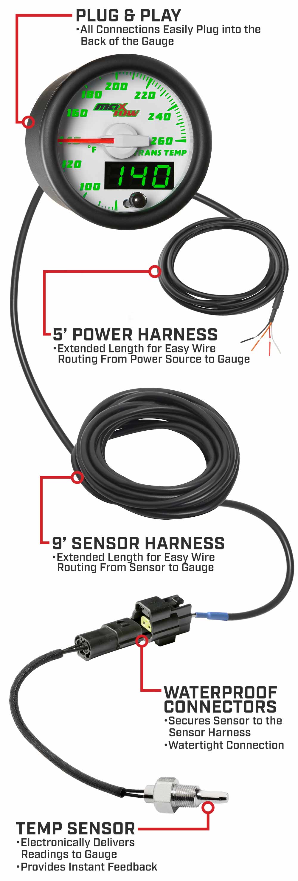 MaxTow White & Green Double Vision Transmission Temperature Gauges