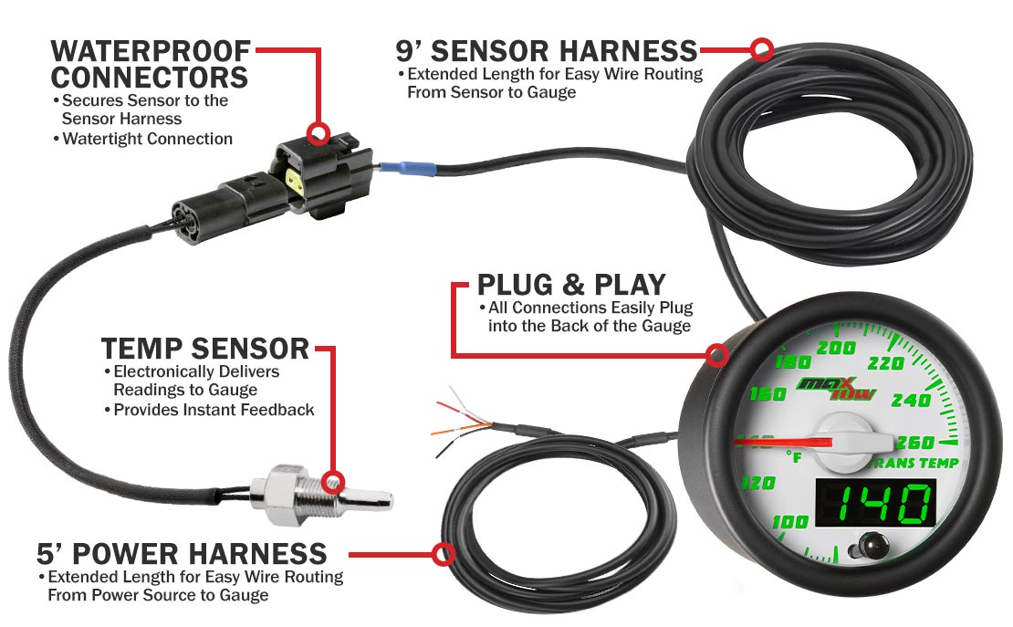 MaxTow White & Green Double Vision Transmission Temperature Gauges