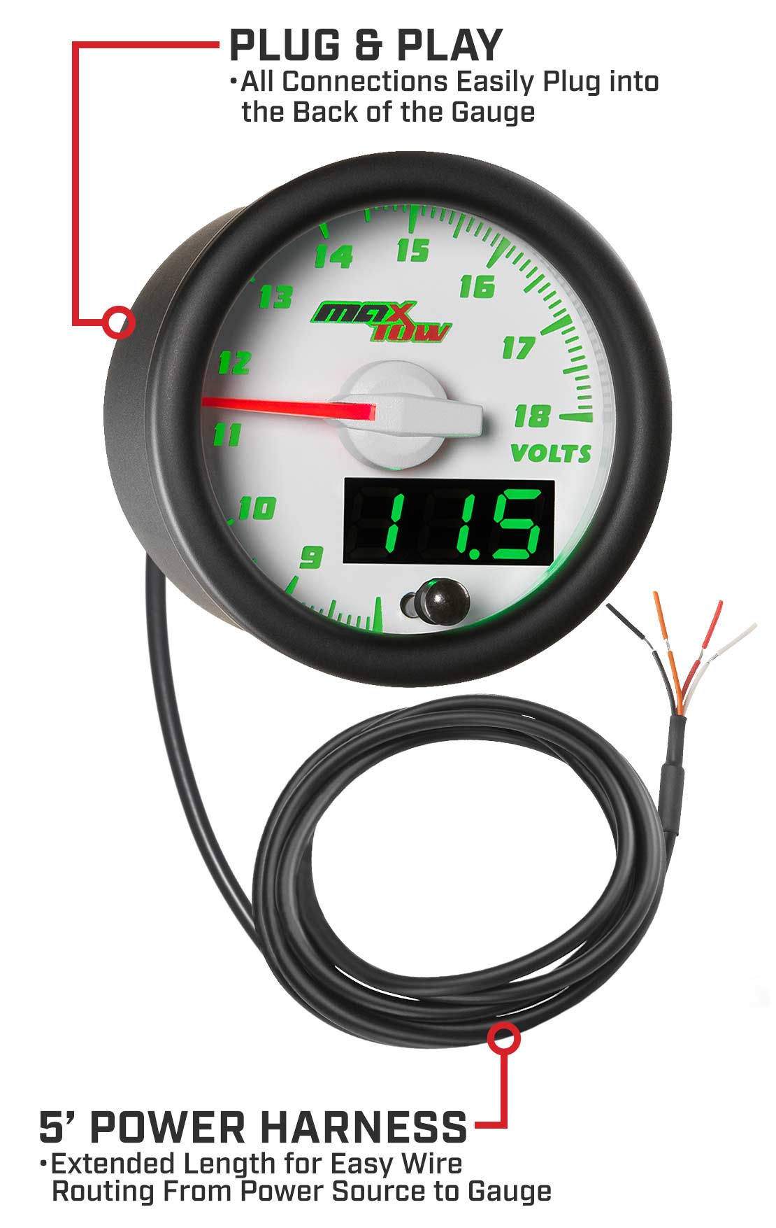 MaxTow White & Green Double Vision Volt Gauges